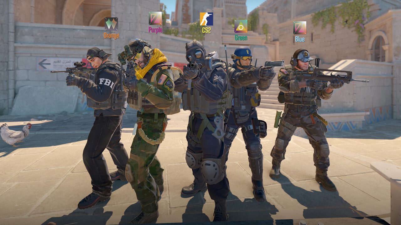 Five armed operatives with role name tags aiming rifles in a sunlit sandstone courtyard, a chicken visible near the left edge.