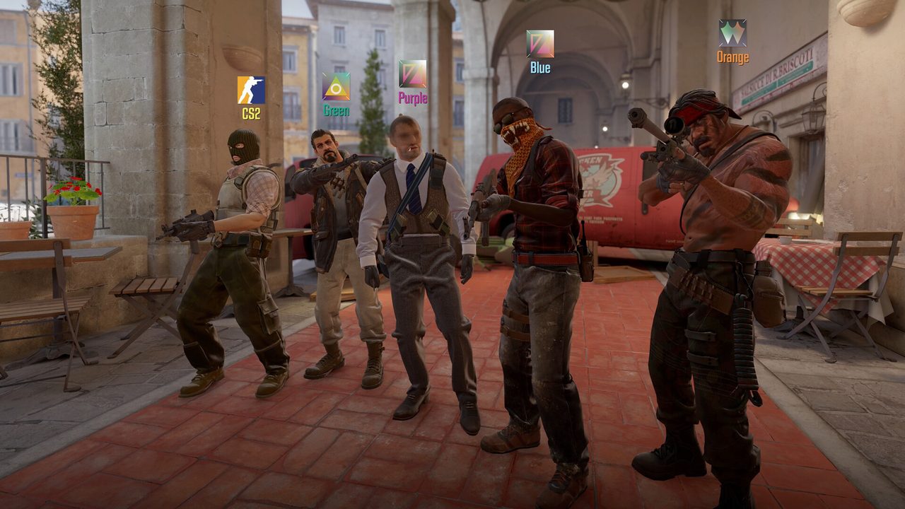 Five Counter-Strike 2 characters with colored team-role name tags (CS2, Green, Purple, Blue, Orange) standing under a stone colonnade in an Italian-style courtyard map.