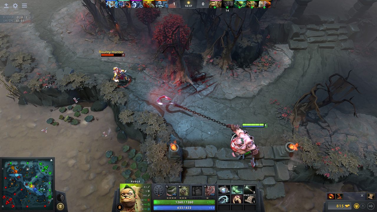 Pudge, a hulking hook-wielding hero, having dragged an enemy hero named Bounty Hunter through the jungle terrain with his meat hook.