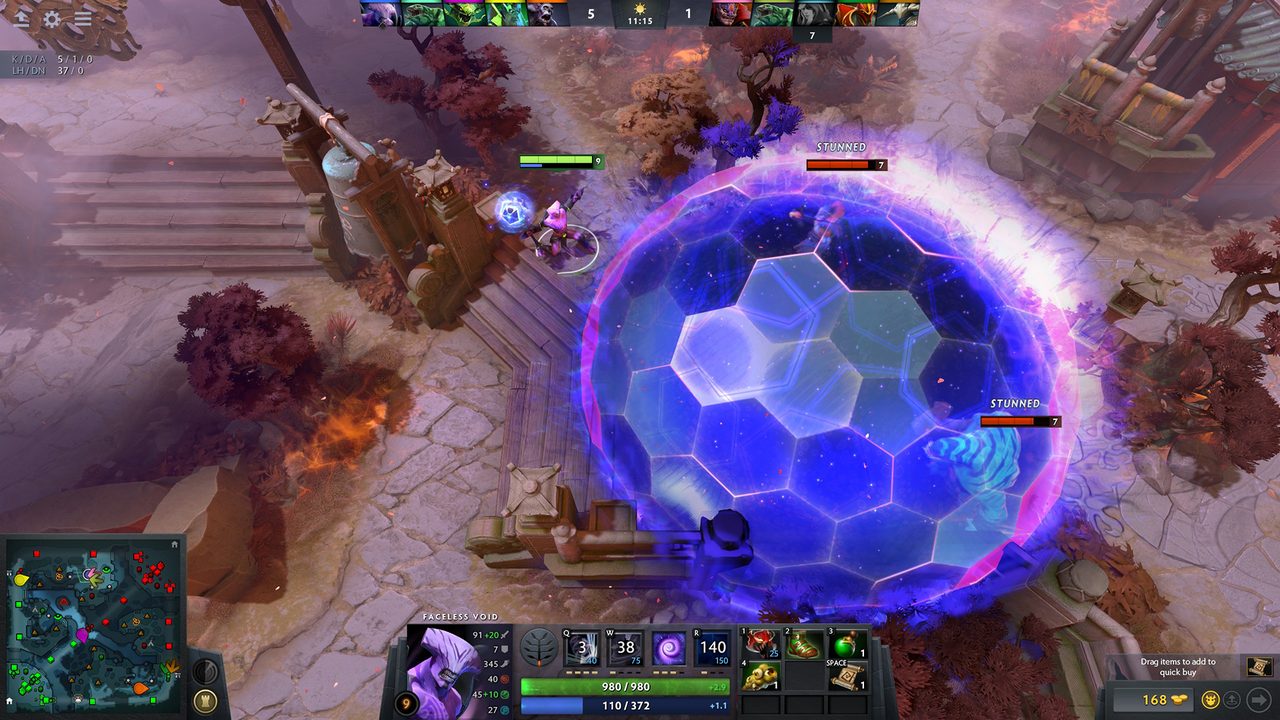 Top-down gameplay view of Faceless Void casting the Chronosphere ultimate, trapping two stunned enemy heroes inside a glowing blue hexagonal sphere.