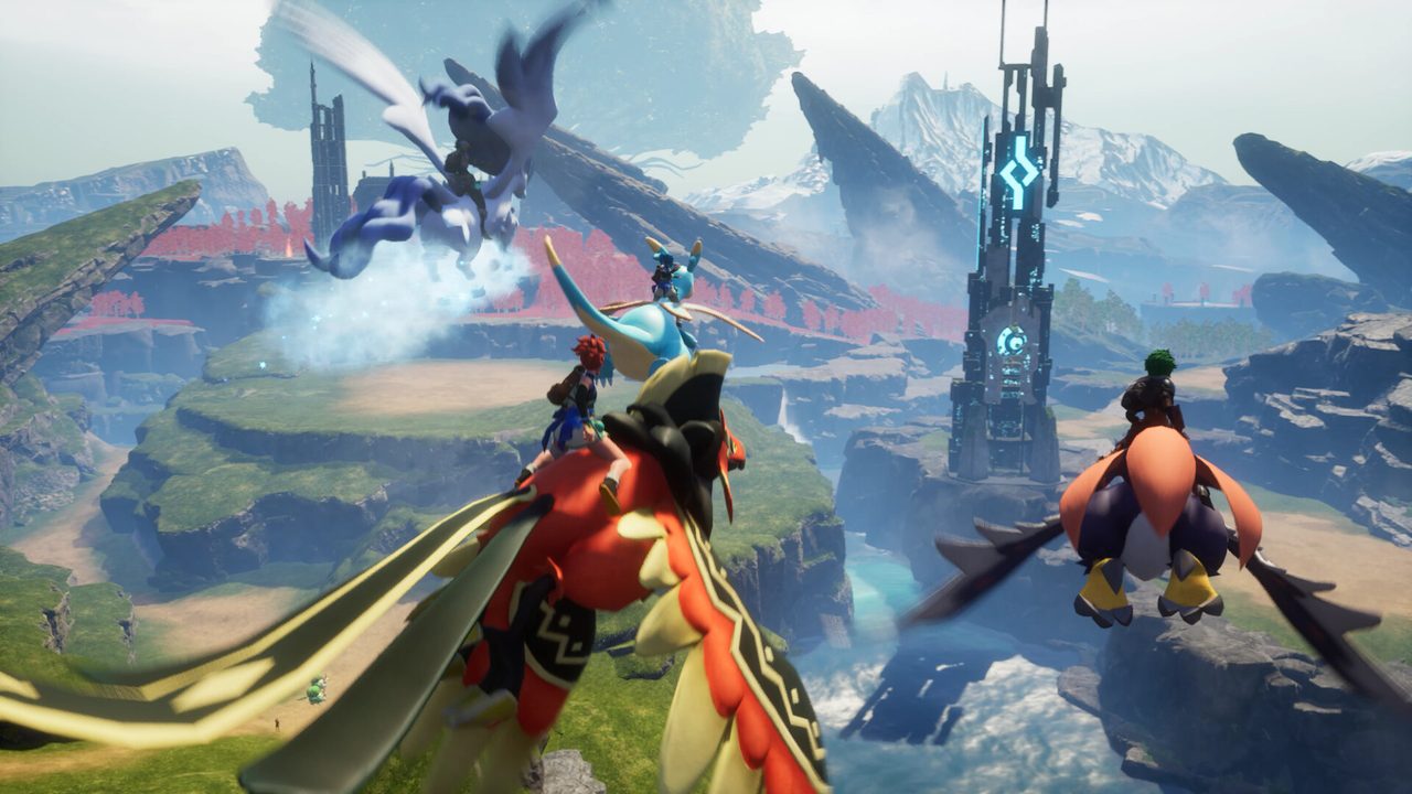 Players riding a mix of flying and dragon-like Pals over a dramatic mountain landscape with a glowing tech tower and a distant red-forested valley.